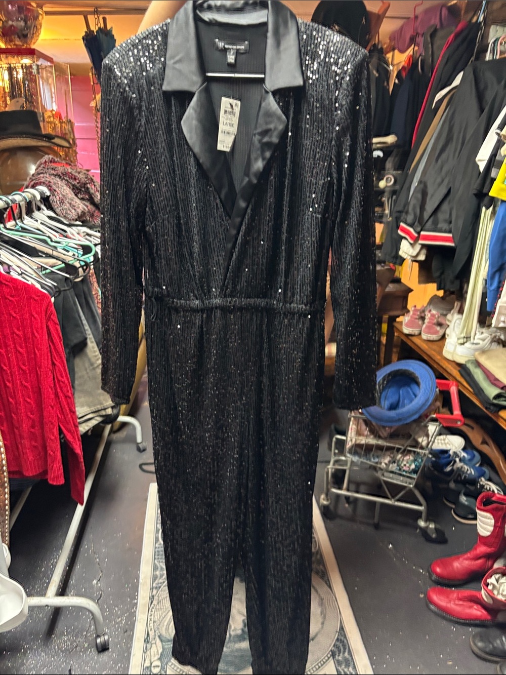 INC International Concepts Black Sequin Long-Sleeve Jumpsuit